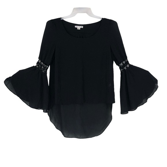 Double Zero Sheer Black Fancy Bell Sleeve Top with Hi/Lo Hem sz M Sexy Tunic - Picture 1 of 8
